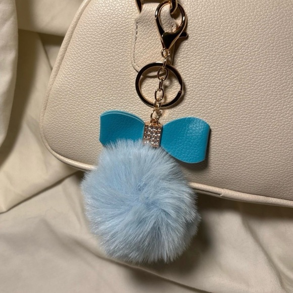 Accessories - Light Blue Fluffy Rhinestone Bow Pom Pom Keychain Bag Charm